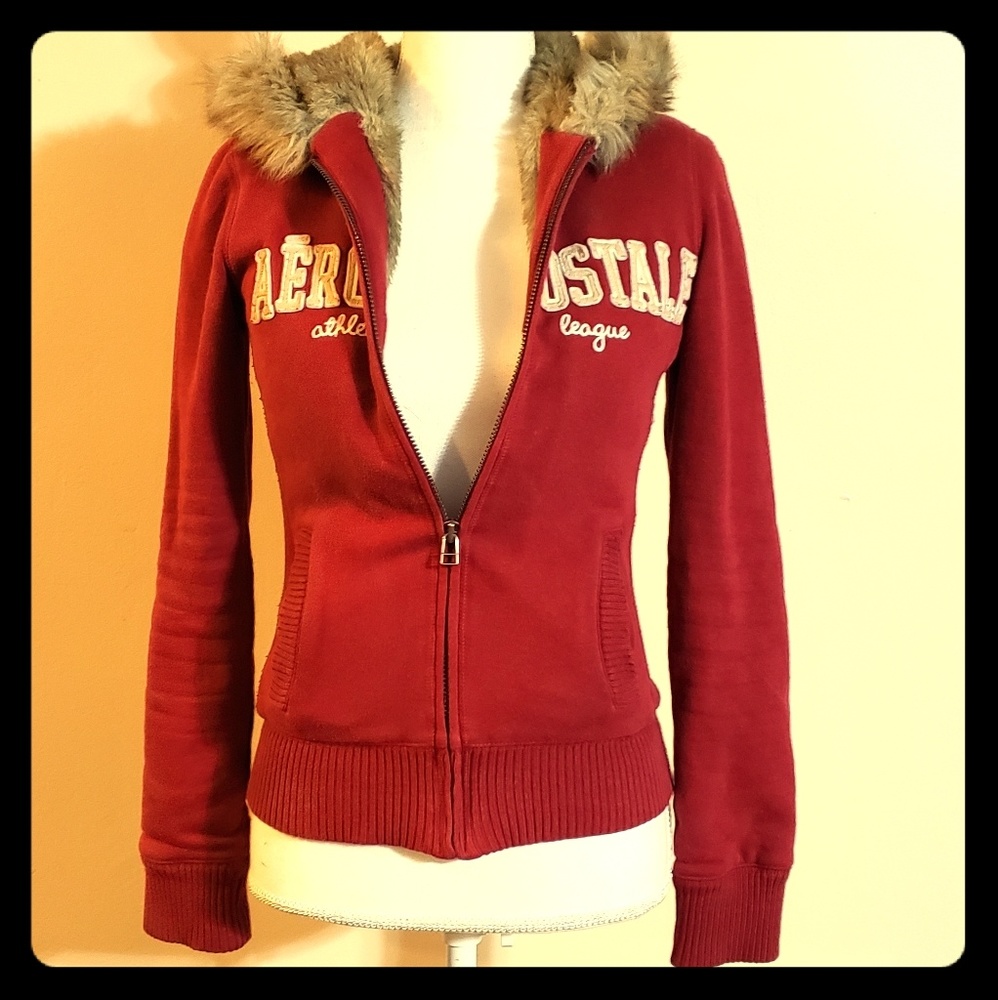 Aeropostale Faux Fur Lined Front Zipper Red Hoodie